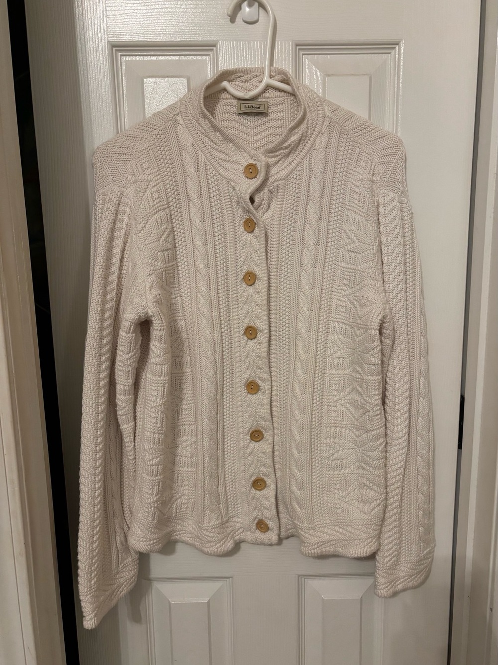 L.L. Bean Cream Cable-Knit Button Cardigan